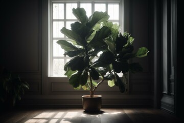 Illustration of a fiddle leaf fig in a gray room. Generative AI