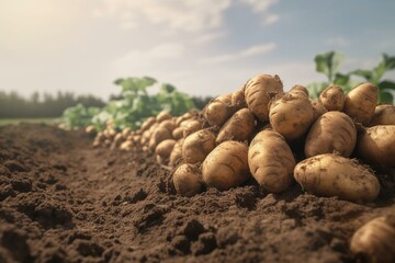 Potatoes harvested from farm field shown at low angle on rich soil. Generative AI