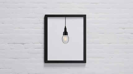 A hanging light bulb against a white brick wall