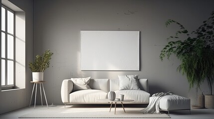 Modern living room interior with empty white mock up banner and furniture. Great for drawing, template, banner and presentation designs. 