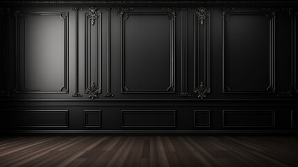 An empty room with black walls and wooden floors