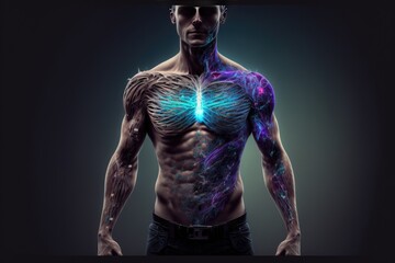 Fototapeta na wymiar Bionic male body with glowing chest on isolated background