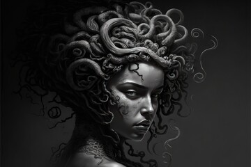 Portrait of Medusa turning head. Close up. Head shot.