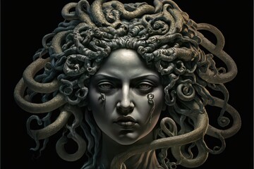 Stone statue of Medusa on isolated background. Close up.