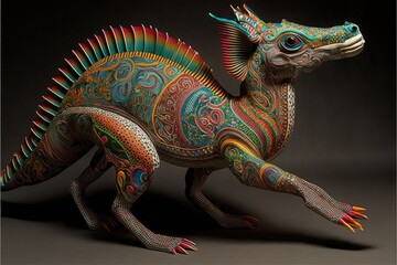 Mexican Alebrije folk art sculpture. Dimetrodon dinosaur on isolated background.