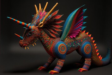 Alebrije dragon sculpture with horns. Isolated background. Mexican folk art.