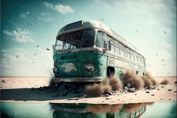 Abandoned old bus on beach with water and shrubs