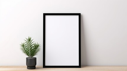 An empty picture frame next to a potted plant