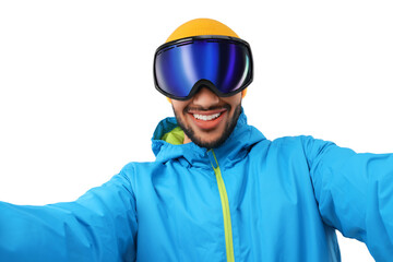 Smiling young man in ski goggles taking selfie on white background
