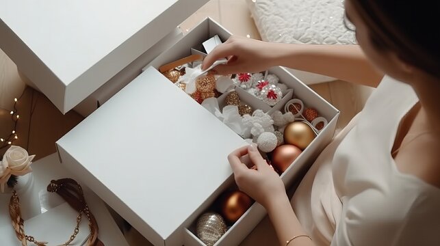 Present preparation. Woman arranges Christmas decorations in a box. Generative AI