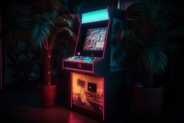 Retro arcade machine poster with vibrant 80s wave style. Generative AI - obrazy, fototapety, plakaty