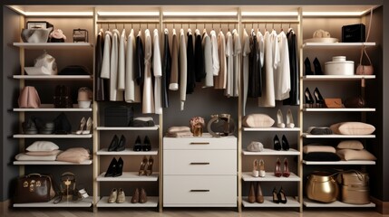 a photo of a interior of a luxury female wardrobe full of expensive dresses, shoes and other clothes. boutique shop. Generative AI