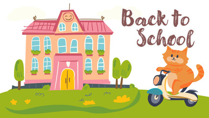 Back to School Education Illustration with Building and lettering outdoor scene car and school bus.