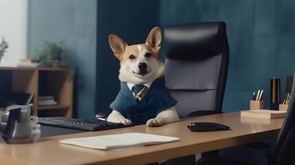 dog wearing formal business suit like a boss in the office: corporate Excellence Personified! Business concept, CEO, accountant, lawyer, writer, teacher, guru, executive. generative ai