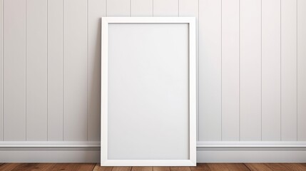 An empty white frame on a wooden floor