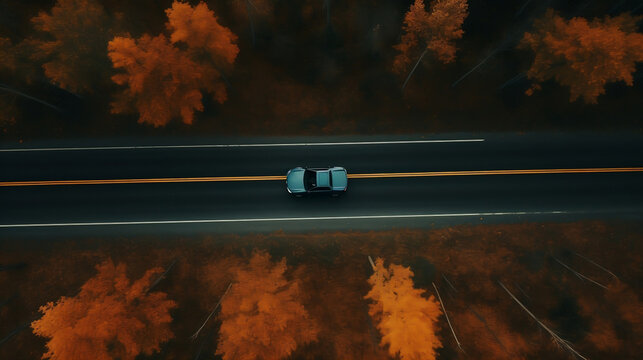 A arial shot of a car driving in the nature during autum