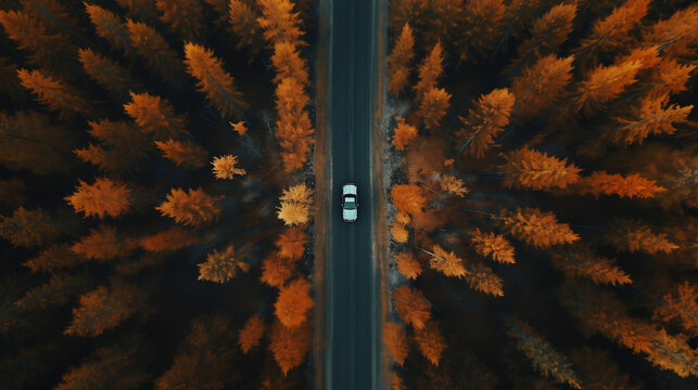 A arial shot of a car driving in the nature during autum