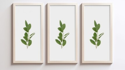 Three framed green leaves on a white wall