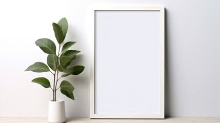 A white picture frame next to a potted plant