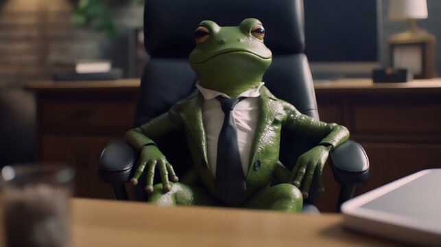 frog wearing formal business suit like a boss in the office: corporate Excellence Personified! Business concept, CEO, accountant, lawyer, writer, teacher, guru, executive. generative ai