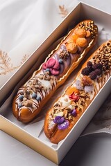 Tasty French eclairs with icing, cream, fresh berries and sugar,  decor elements. Set of delicious eclairs with creative colorful decor in neutral color box, terquise table. Generative AI
