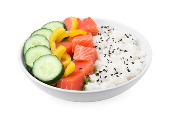 Delicious poke bowl with salmon, rice and vegetables isolated on white
