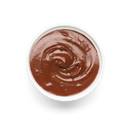 Bowl of delicious chocolate paste isolated on white, top view