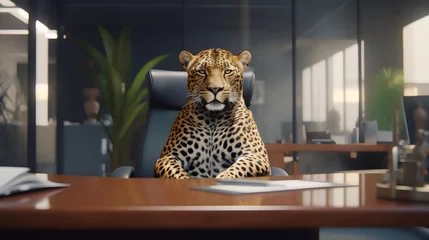 Foto op Plexiglas leopard wearing formal business suit like a boss in the office: corporate Excellence Personified! Business concept, CEO, accountant, lawyer, writer, teacher, guru, executive. generative ai © ShadowHero