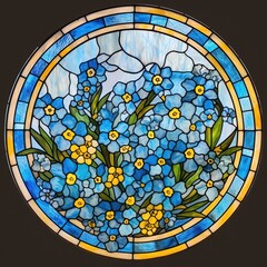 Stained glass forget-me-nots with a lovely pastel blue border with marbling swirls, flowers showing a charming cluster of sky-blue petals with yellow centers. Black background. Generative AI
