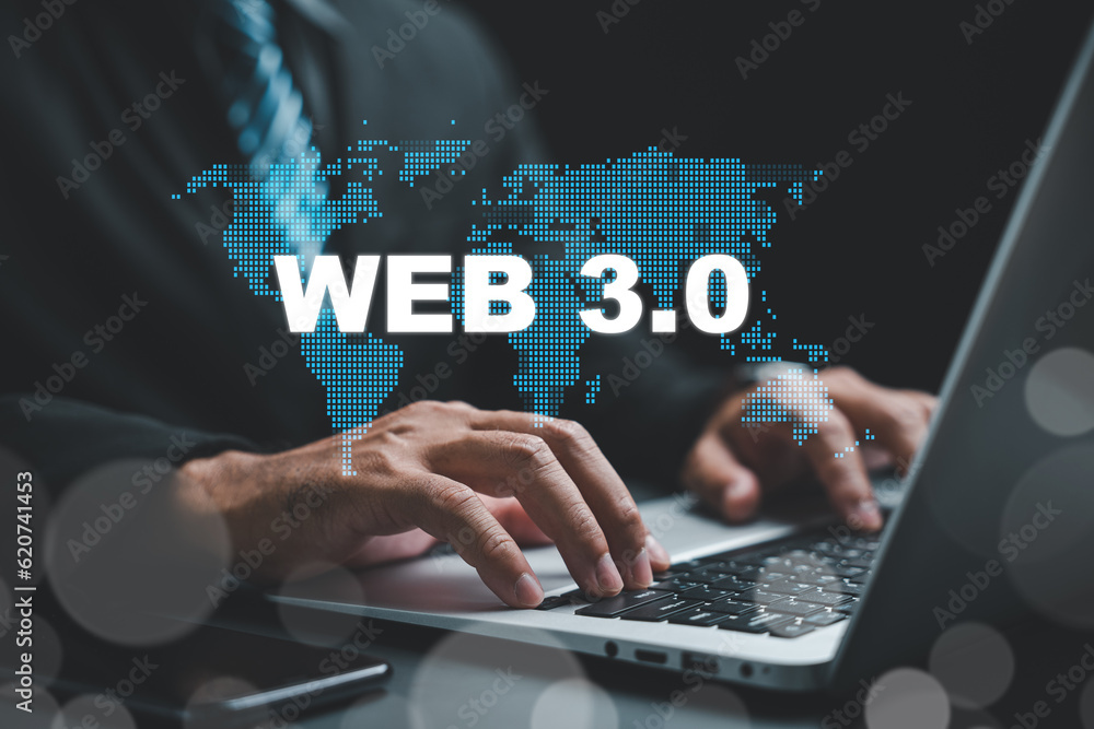 Poster a man using a laptop showcases the cutting-edge web 3.0 concept, highlighting the fusion of technolo