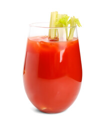 Glass of bloody mary with celery on white background