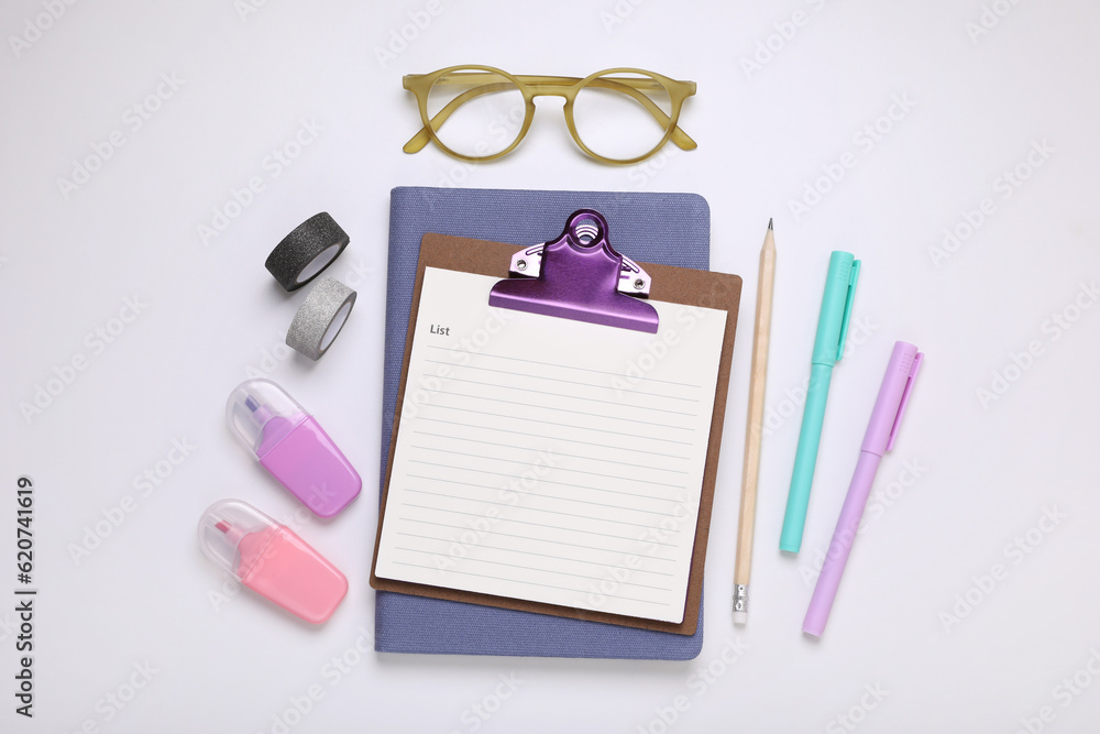 Sticker To do notes, planner, stationery and glasses on white background, flat lay