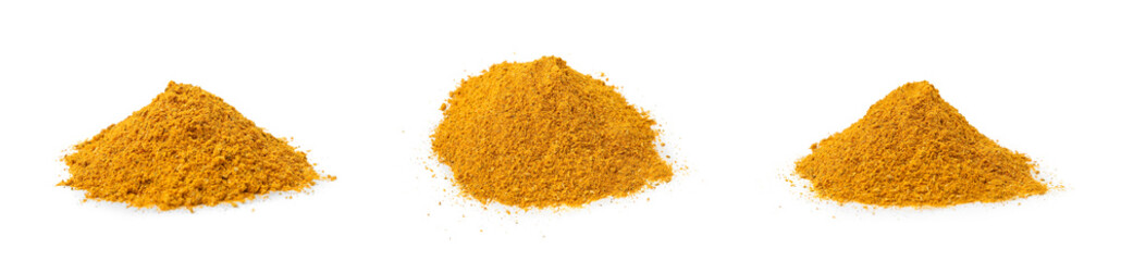 Collage with heaps of curry powder isolated on white