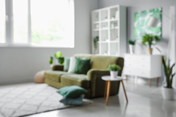 Interior of light living room with green sofa and houseplants, blurred view