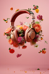 Headphones and flowers levitating. Music, flowers, spring background. Creative spring or music minimal arrangement. Ai generative. Illustration