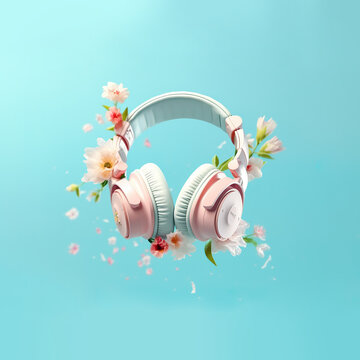 Headphones and flowers levitating. Music, flowers, spring background. Creative spring or music minimal arrangement. Ai generative. Illustration