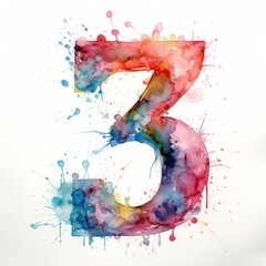 Watercolor Colorful Numbers Illustration. Number Three 3. Isolated on blank background. Generative AI.