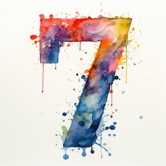 Watercolor Colorful Numbers Illustration. Number Seven 7. Isolated on blank background. Generative AI.