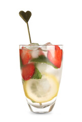 Glass of fresh lemonade with strawberry and lemon on white background