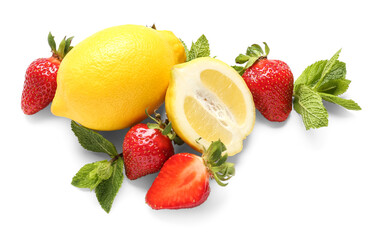Obraz na płótnie Canvas Ingredients for preparing strawberry lemonade on white background