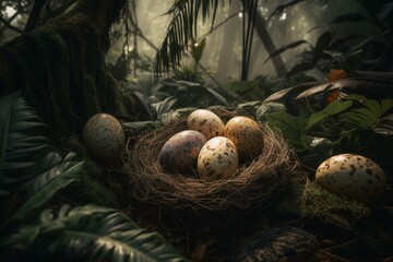 Eggs laid in jungle nests by dinosaurs. Generative AI