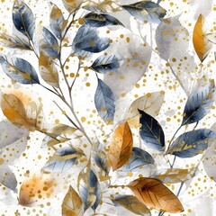 Luxury leaves banner. Floral horizontal ornament for cover, wallpapers, postcards. Elite seamless gold and silver pattern. Elegant leaves. Interior, textile. Cartoon illustration. Generative AI