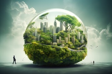 Urban oasis, nature and city in a glass bowl, tiny environment, sustainability, urban planning, city planning, future city, climate change, urbanization, renewable energy, clean energy. Generative AI