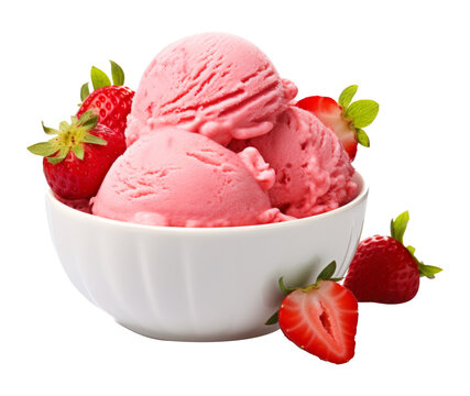 Strawberry Ice Cream In a Bowl Isolated on Transparent Background - Generative AI
