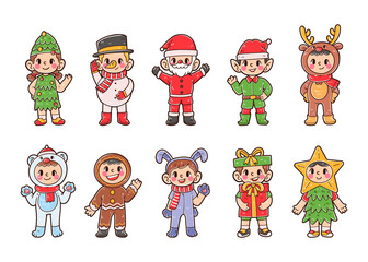 Set of christmas costume kids character hand-drawn collection