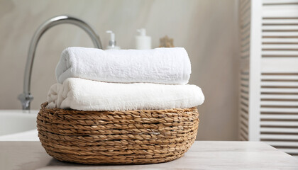 Tray with clean soft towels on white marble table in bathroom. Space for text
