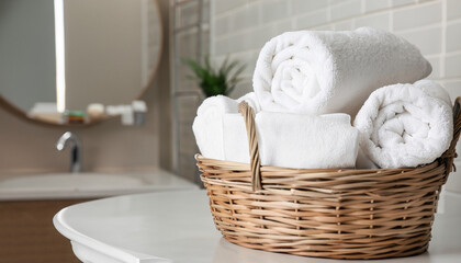 Tray with clean soft towels on white marble table in bathroom. Space for text