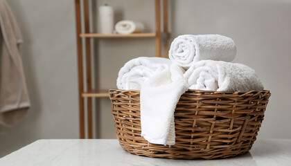 Wicker basket with white towels on table in bathroom. Space for text