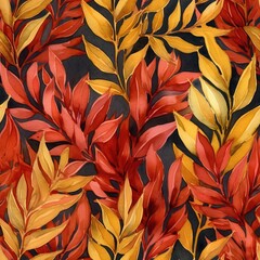 Seamless pattern with plant leaves in abstract background. Seamless  pattern with red,gold leaves in Watercolor style with simple shapes for packaging or textile print. 