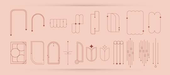 Aesthetic line boho wall decor elements. Modern minimalist decorative frame with stars.